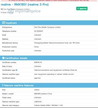 Realme 3 Pro gets regulator's nodding in Thailand and India