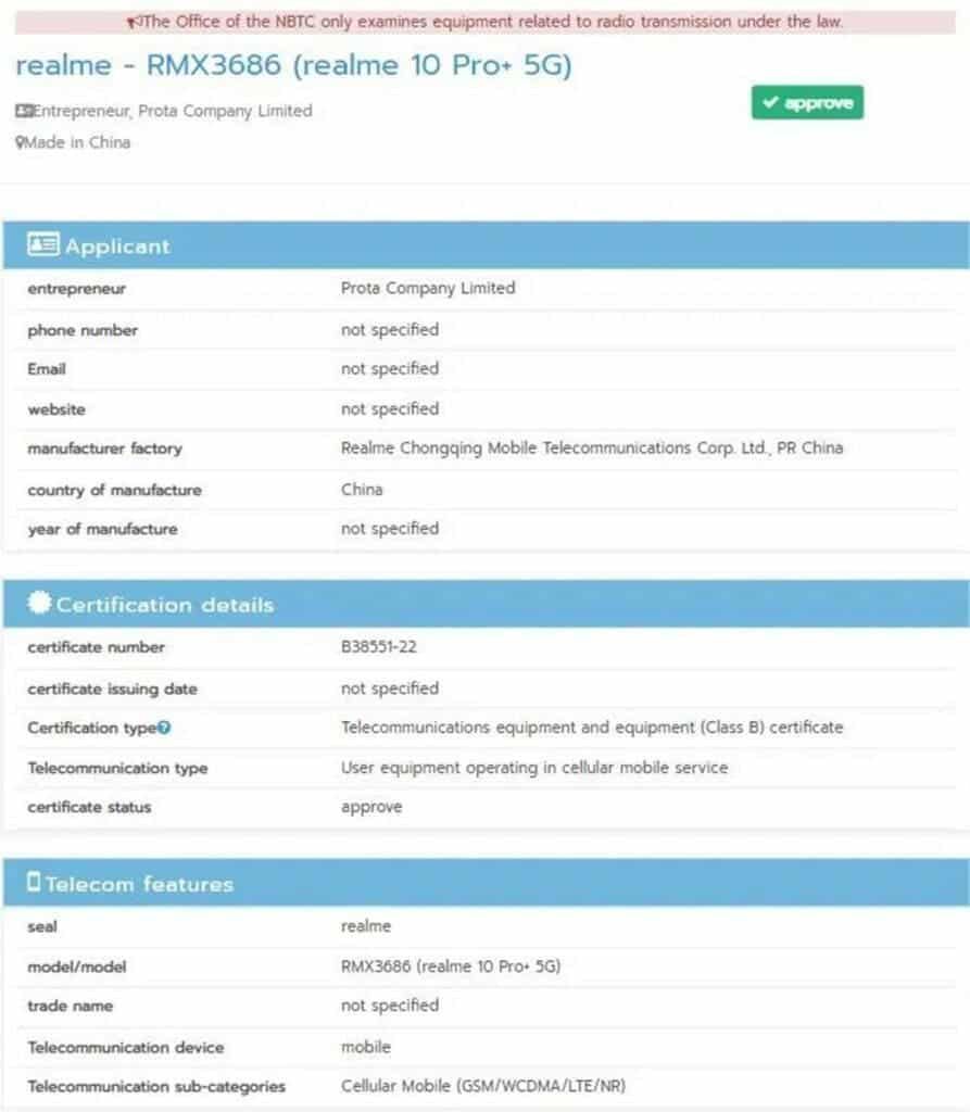 Realme 10 Pro+ 5G bags NBTC, BIS certifications before launch