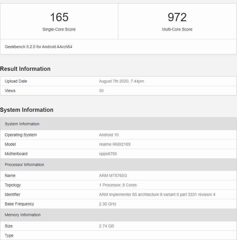 Realme C12 with 3GB RAM, Helio G35 and Android 10 Pops-up on GeekBench