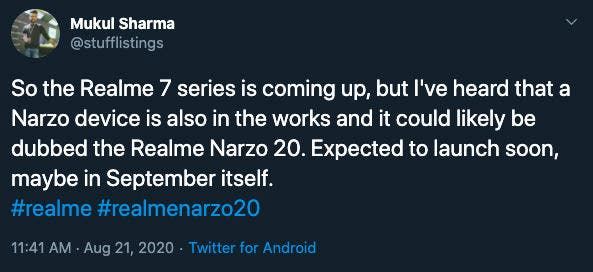 Realme Narzo 20 might launch in India in September