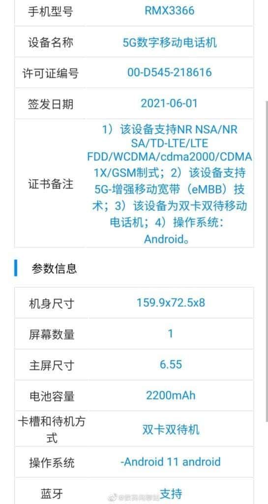 Realme RMX3366 emerges on TENAA with Snapdragon 778G