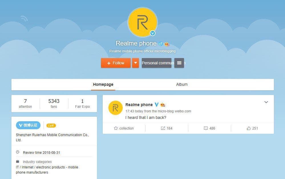 Realme is heading to China, sets up Weibo page