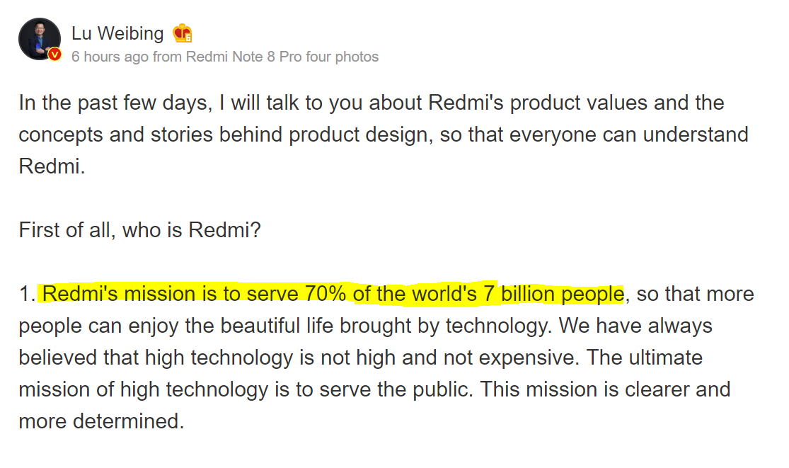 Lu Weibing: Redmi's mission is to serve 70% of the world's 7 billion people
