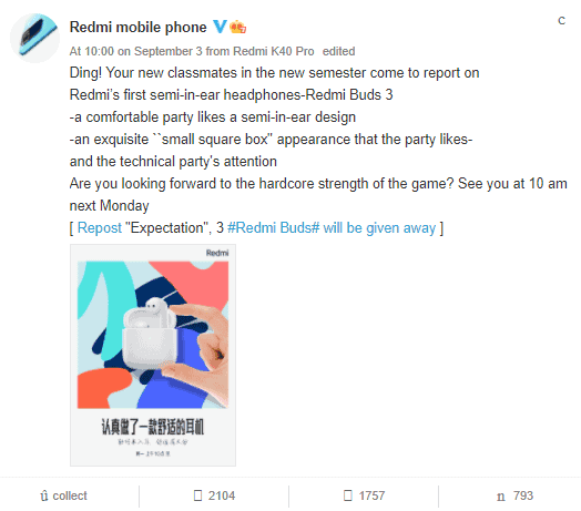 Redmi Buds 3 with a semi-in-ear design to launch on September 6