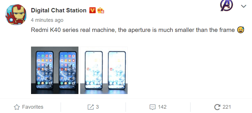 Redmi K40 real image leaks - uses a "pin-point" center punch-hole