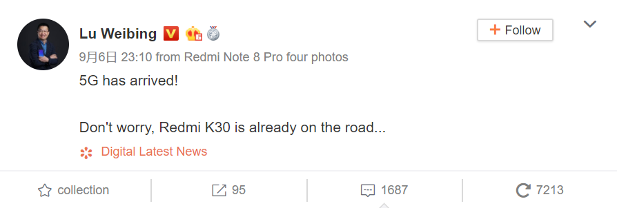 Lu Weibing: Redmi K30 is on the road - to cost above 2000 yuan ($281)