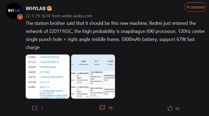 Redmi 2201116SC Arrives On TENAA, Could Be The Note 11 Pro 5G