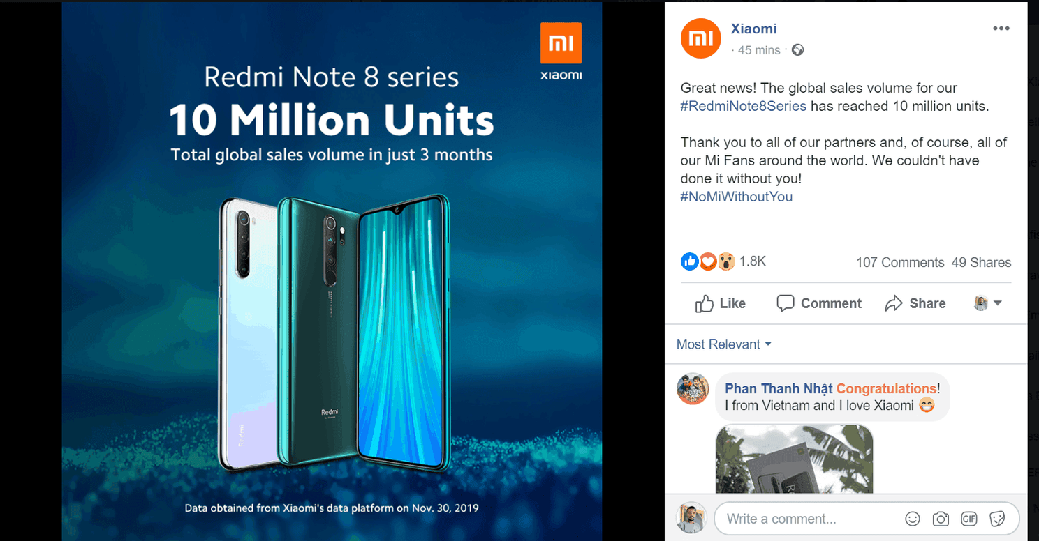 Redmi Note 8 Series global sale hit 10 million units in three months