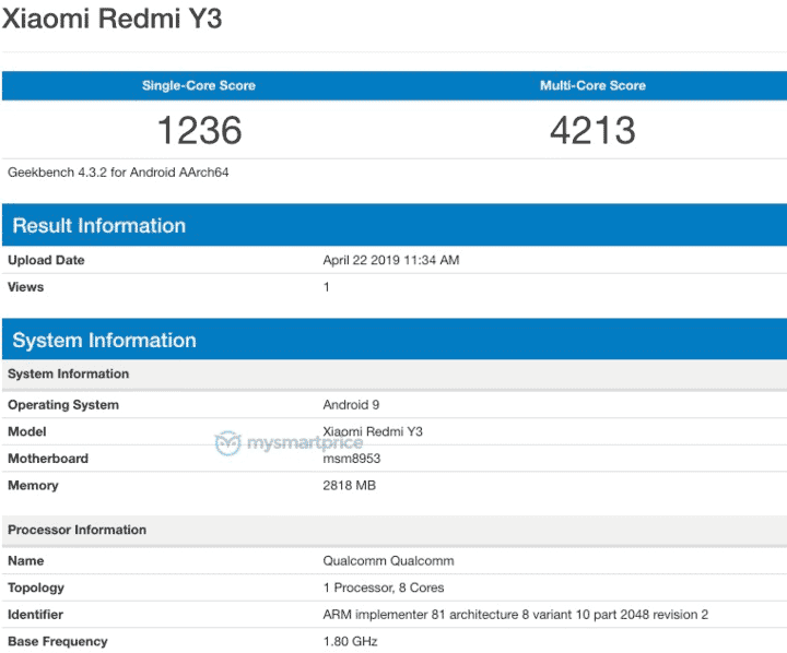 Redmi Y3 spotted on Geekbench with 3GB RAM, SD625