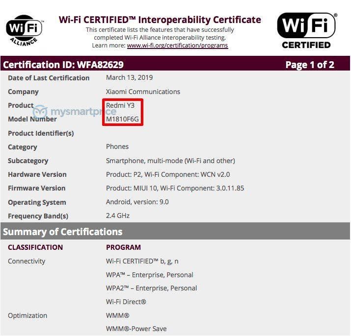 Redmi Y3 launch expected soon as device is Wi-Fi certified