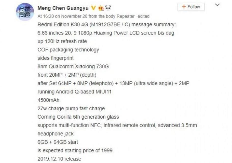 Xiaomi Redmi K30 4G specs surface along with a live photo
