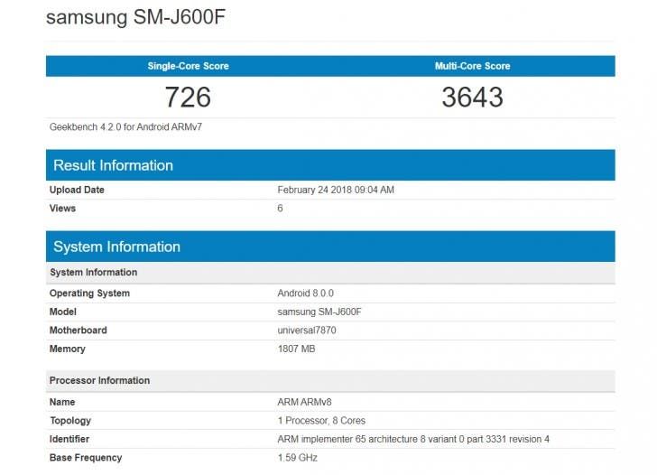 Alleged Samsung Galaxy J6 spotted on GeekBench database