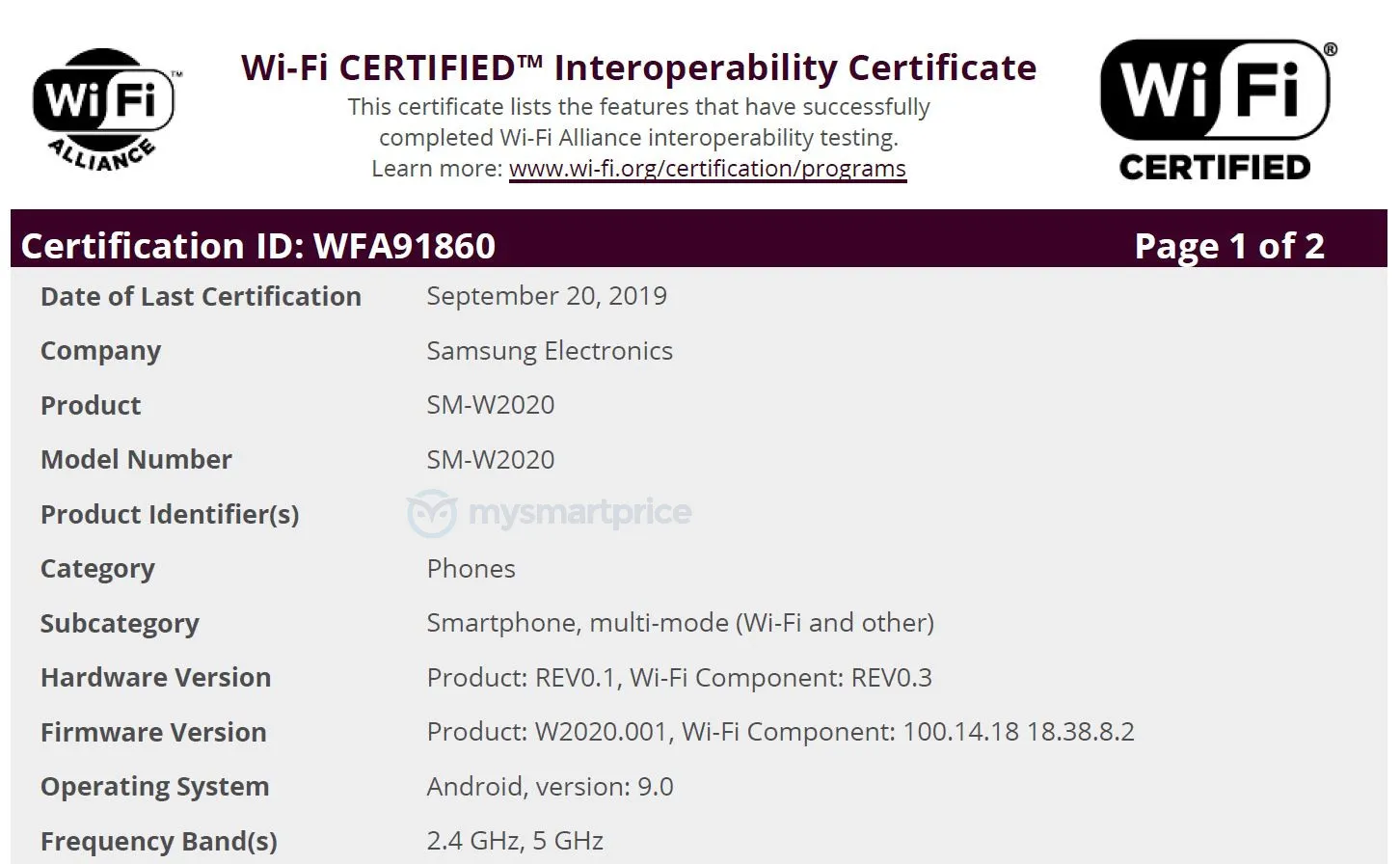 Samsung SM-W2020 flip phone certified by Wi-Fi Alliance