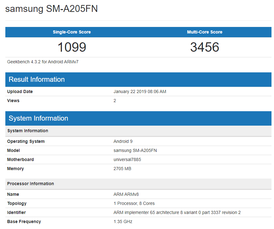 Samsung Galaxy A20 with Exynos 7885 visits Geekbench