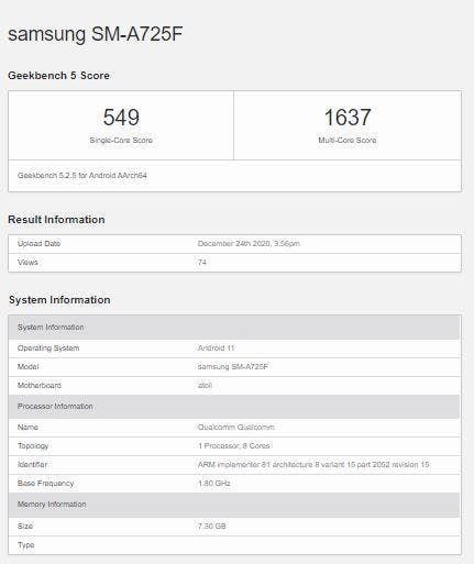 Samsung Galaxy A72 4G with Sanpdragon 720G and Android 11 appears on GeekBench