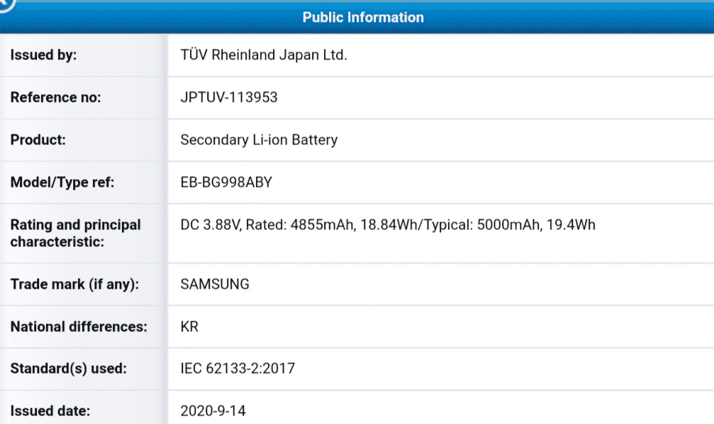 Galaxy S21 Ultra 5000mAh battery receives certification at TUV Rheinland