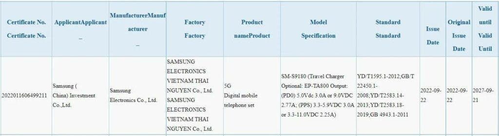 Samsung Galaxy S23 Ultra 3C listing reveals fast charging details