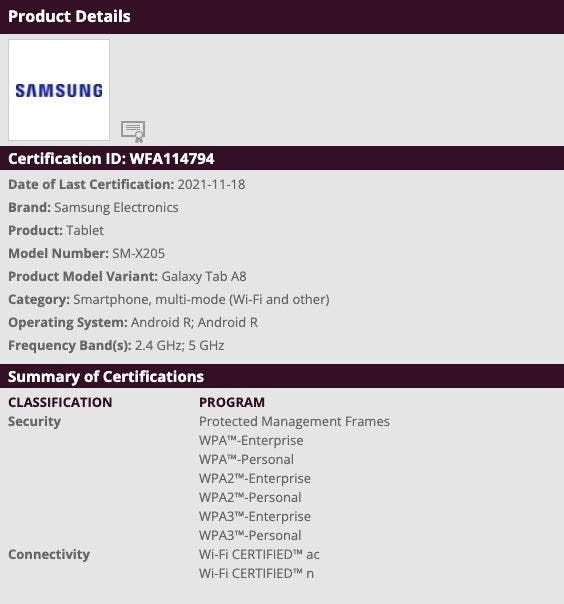 Samsung Galaxy Tab A8 appears on Wi-Fi certification