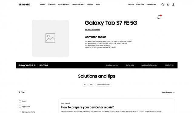Samsung Galaxy Tab S7 FE 5G support page goes active in France