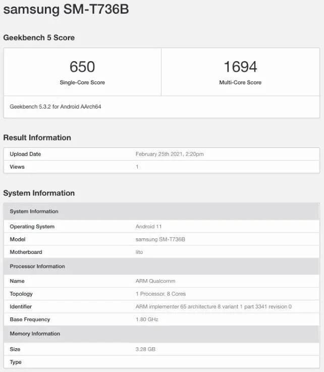 Galaxy Tab S7 Lite appears on GeekBench with SD 750G and 4GB RAM