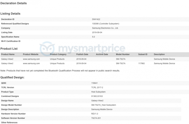 Samsung Galaxy View 2 gets Bluetooth and Wi-Fi certifications