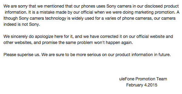 Ulefone apologies for camera specifications