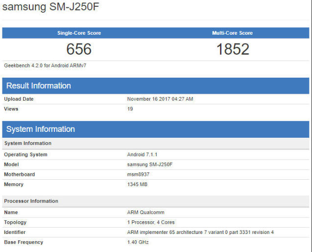 Samsung Galaxy J2 Pro 2018 have its specs exposed by Geekbench