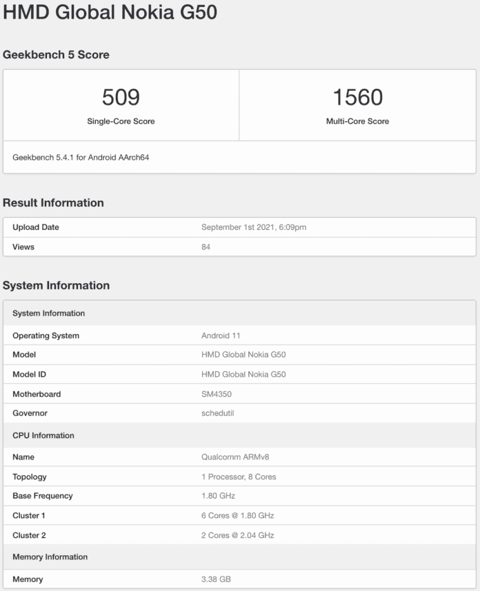 The specs of the upcoming Nokia G50 5G smartphone has been revealed