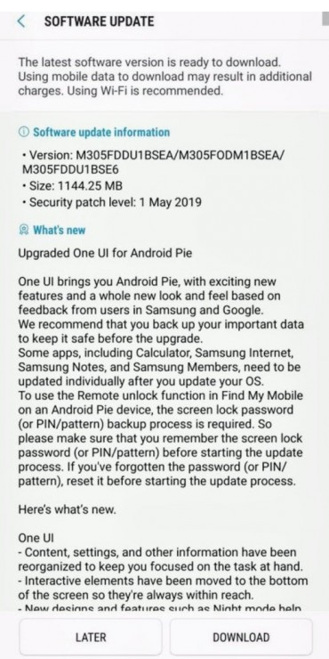 Galaxy M30 is receiving Android Pie update with One UI