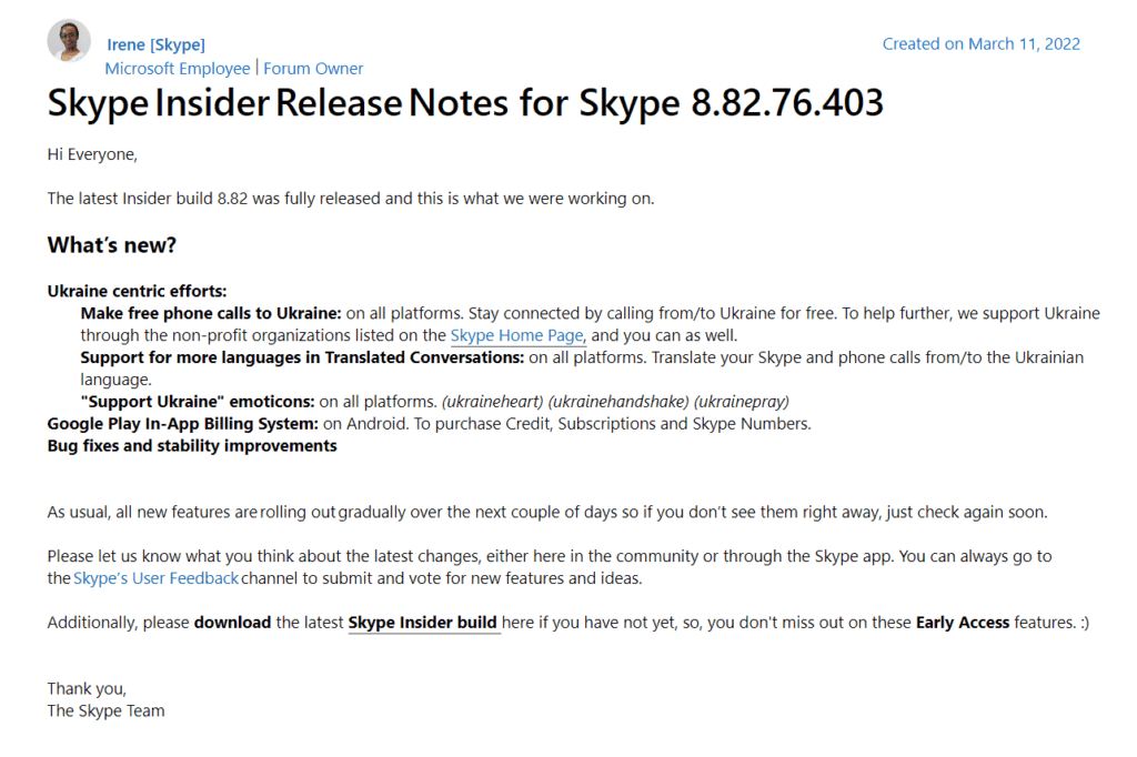 Microsoft Skype now offers free calls to Ukraine