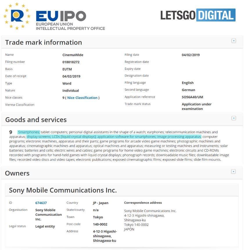 Sony trademarks "CinemaWide" for its Xperia XZ4 flagship
