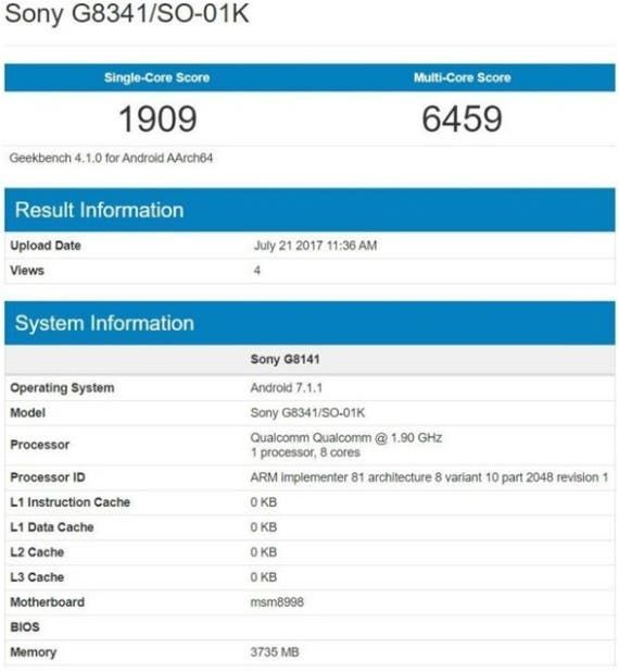 Sony Xperia XZ1 (G8341) hits Geekbench with Snapdragon 835 SoC