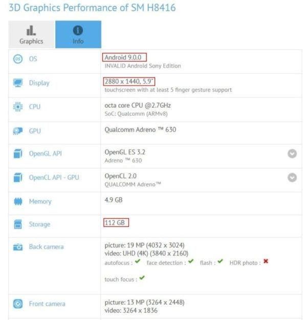 Possible Xperia XZ3 with flagships specs seen on GFXBench as Sony H8416