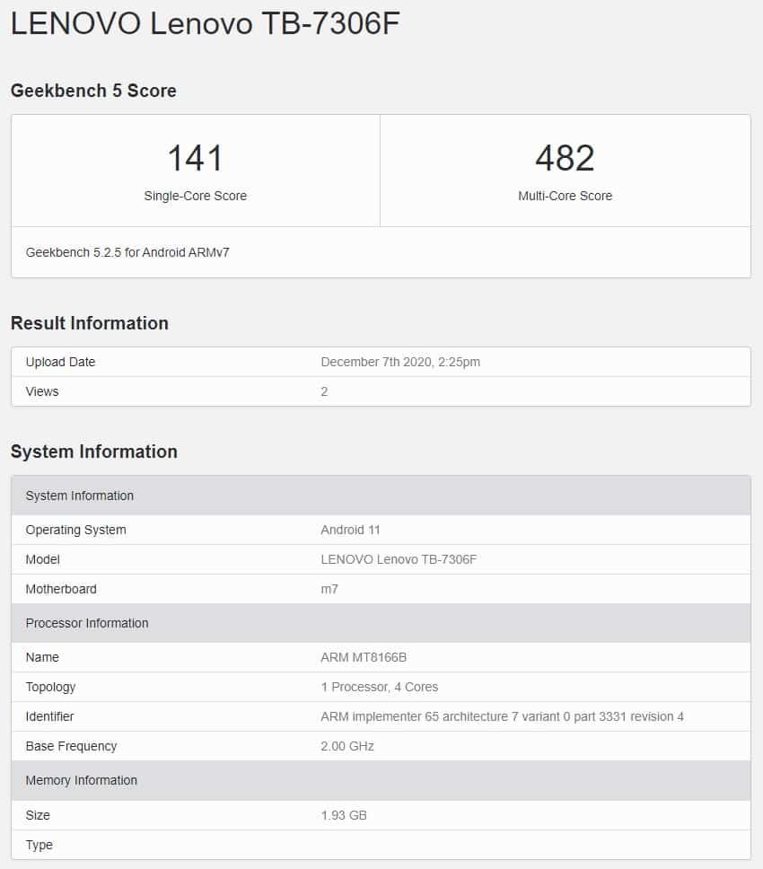 Unreleased Lenovo Tablet (TB-7306F) appears on GeekBench with Android 11