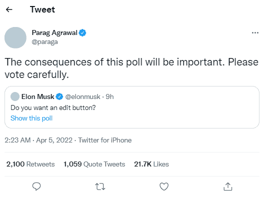 Twitter's largest shareholder Elon Musk calls for an Edit Button via a poll