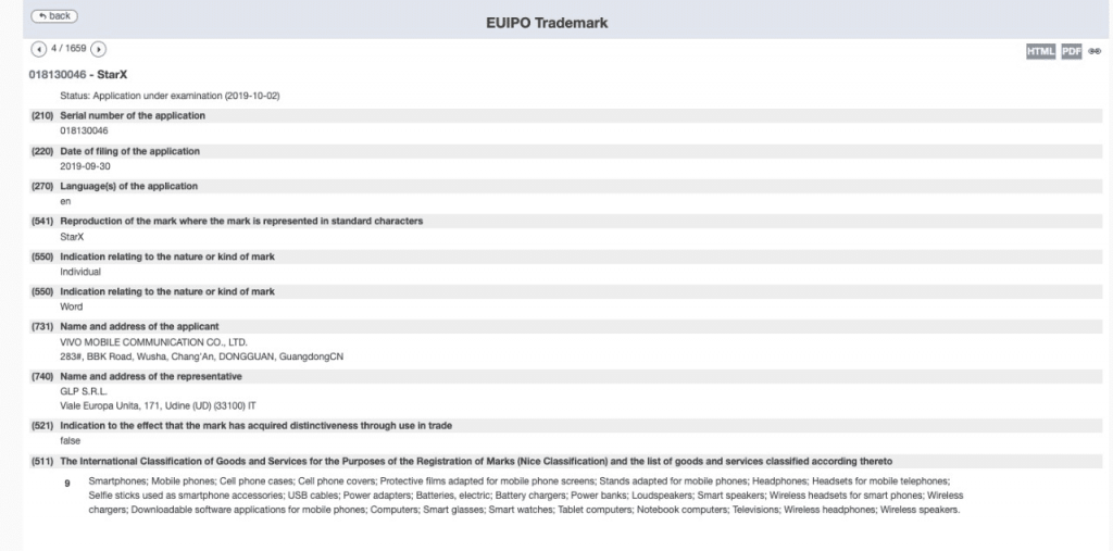 Vivo StarX, Domix and Frista trademarks filed at EUIPO; possibly for new smartphones