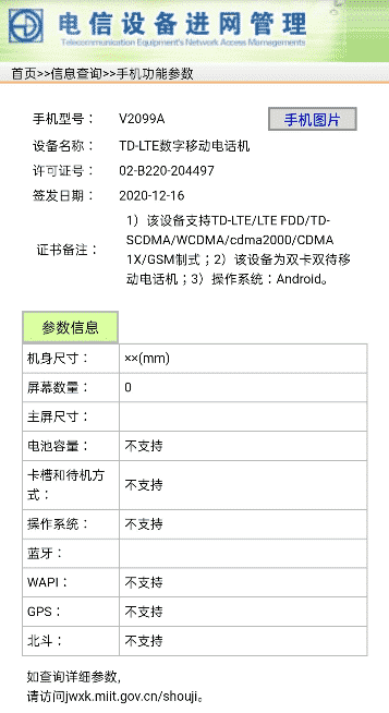 Vivo V2099A listed by TENAA certification