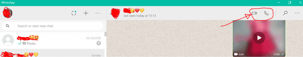 WhatsApp users interface after the update. Notice the arrow showing video and audio call icons at the top right corner