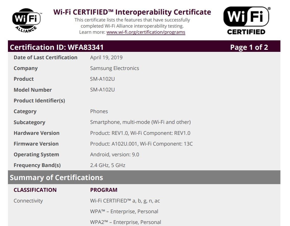 Alleged Galaxy A10e certified by Wi-fi aliance