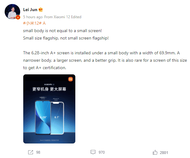 Xiaomi 12 Vs iPhone 13 - Xiaomi compares screen size and width