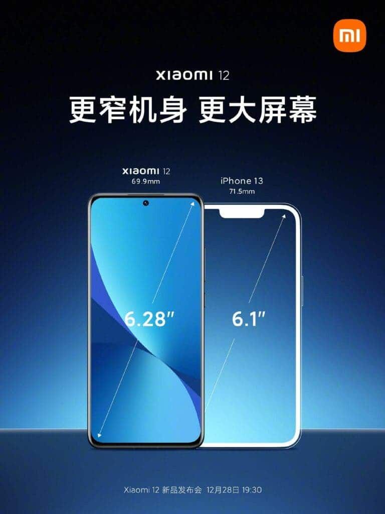 Xiaomi 12 Vs iPhone 13 - Xiaomi compares screen size and width