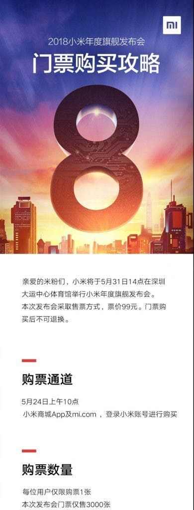 Xiaomi Mi 8 Conference Ticket To Cost 99 Yuan ($16)