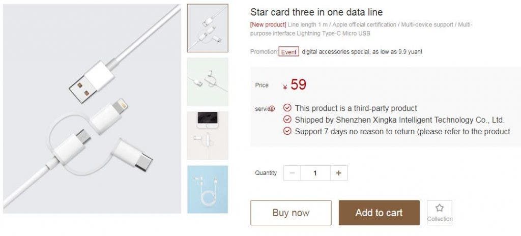 Xiaomi 3-in-1 Data Cable Launched For 59 Yuan ($9)