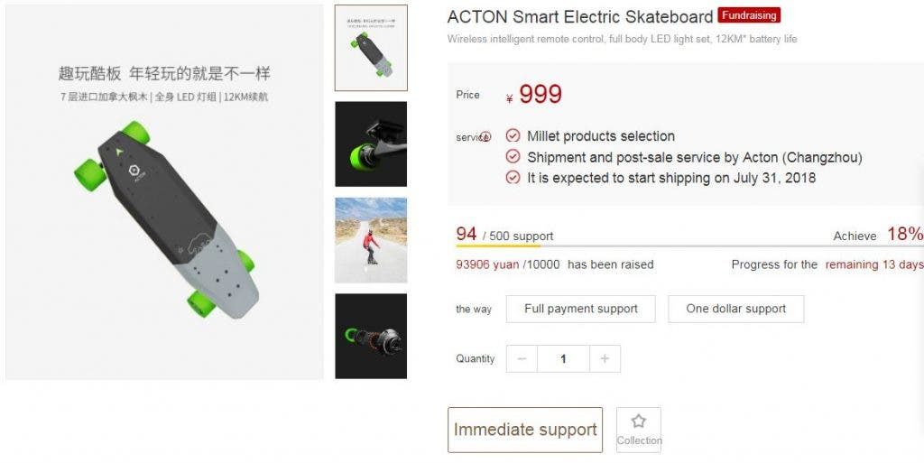 Xiaomi Crowdfunding Lists An Acton Smart Electric Skateboard For 999 Yuan ($155)