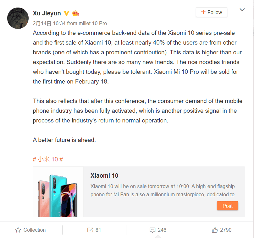40% of Xiaomi Mi 10 / Pro buyers came from other brands