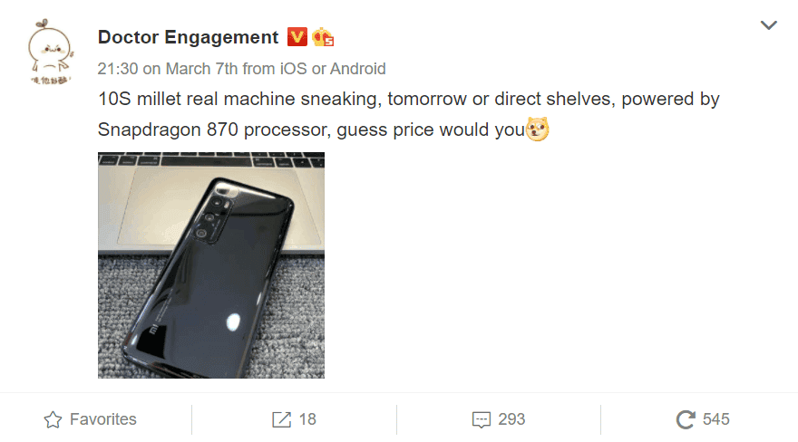 Xiaomi Mi 10S real image appears online