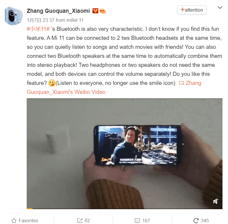 Xiaomi Mi 11 can connect to two Bluetooth headsets simultaneously