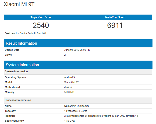 Xiaomi Mi 9T is a rebadged Redmi K20, Geekbench affirms