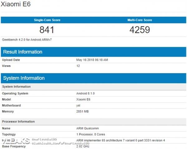 New Xiaomi E6 With 3GB RAM & Snapdragon 625 Visits Geekbench