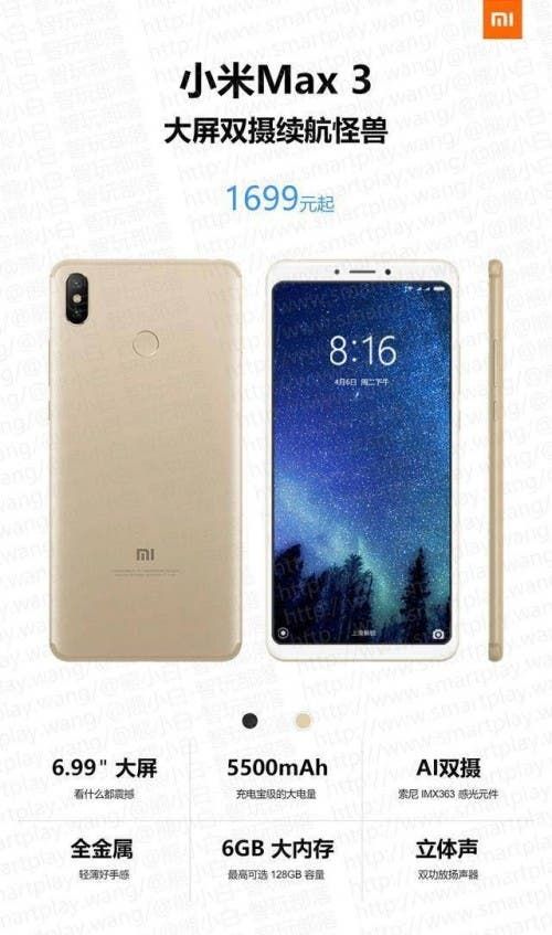 Price Leak: Xiaomi Mi Max 3 To Sell For 1699 Yuan ($258)